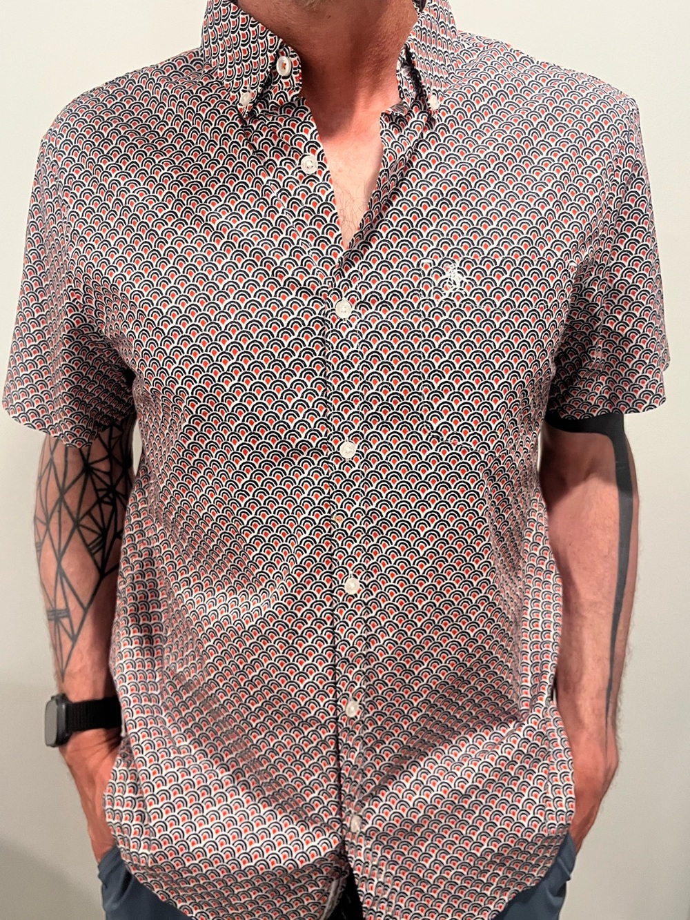 🖤 Original Penguin Navy, Coral & White Geometric Fan-Print Shirt | Size L |